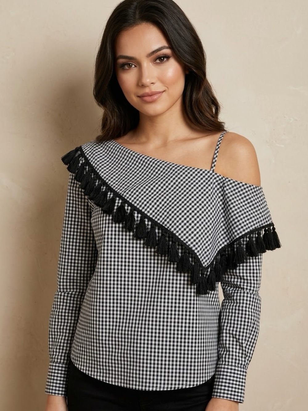 Marled by Reunited Black White Gingham Printed Cold-Shoulder Tassel-Trim Blouse